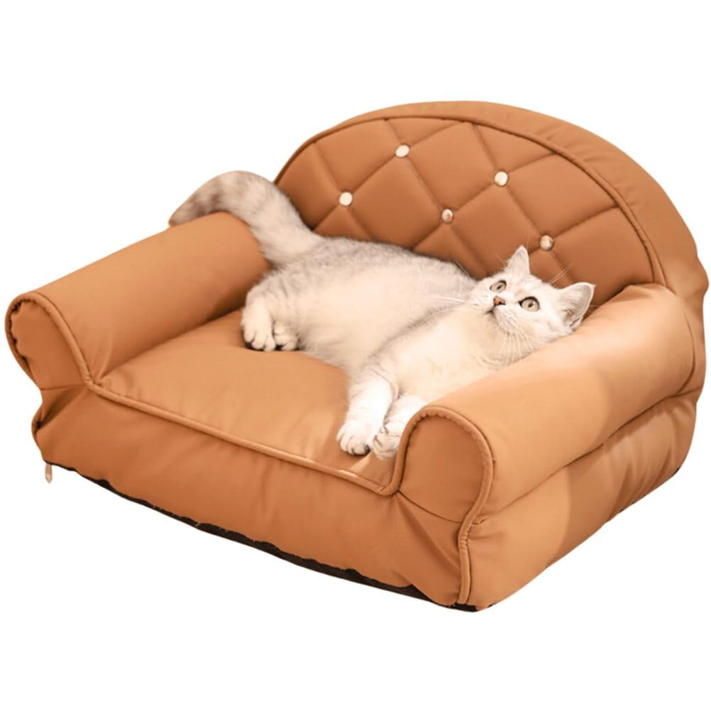 Pet Sofa Bed, Waterproof Cat Lounge Chair, Vintage Cat Dog Faux Leather Sofa with Non-Slip Bottom, Detachable and Washable Cover, for Cat and Small Dogs,Brown,B
