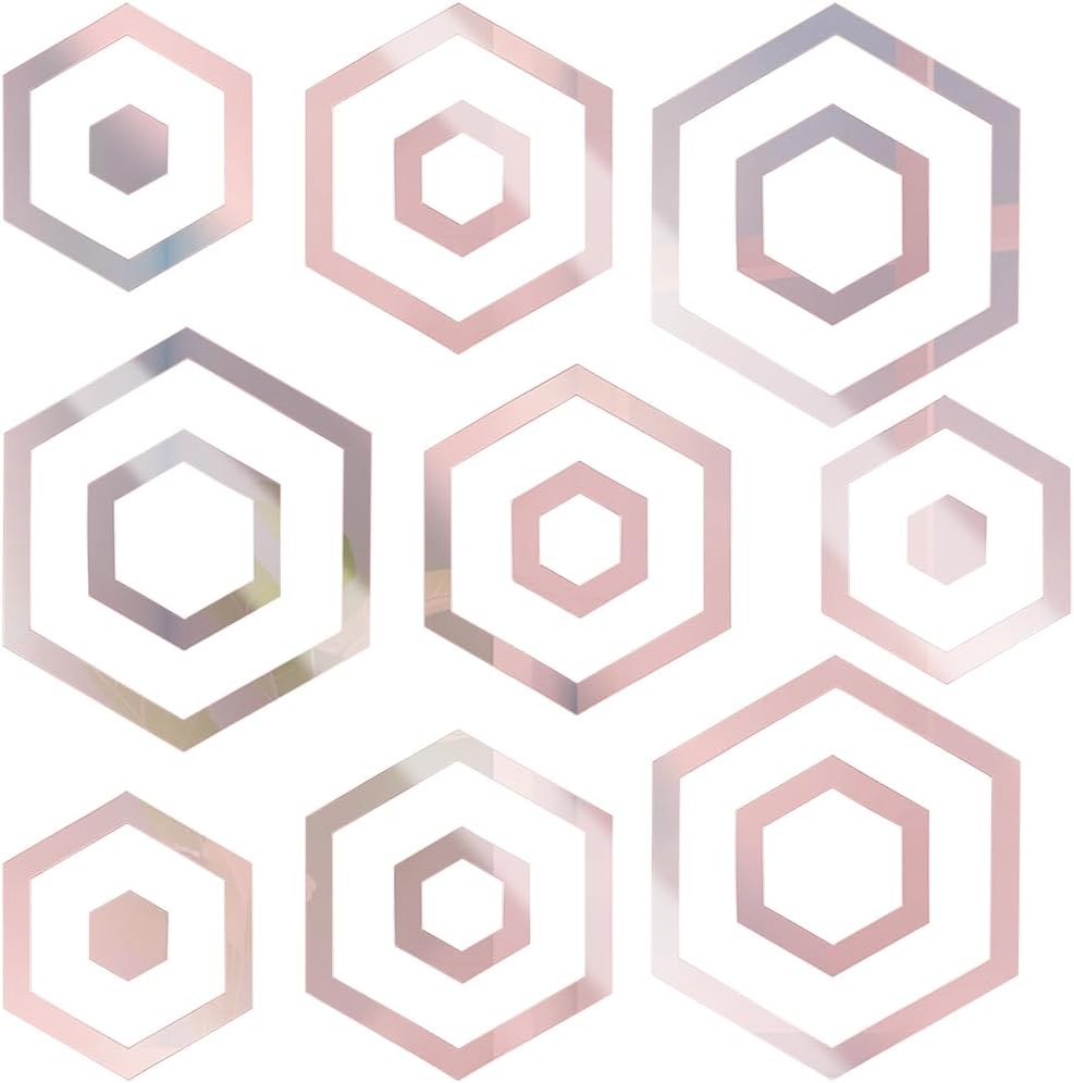 CREATCABIN 6Pcs 6Size Hexagon Mirror Wall Stickers 3D Acrylic Mirror Wall Decals DIY Mirror Setting Wall Artwork Decor Mural Self Adhesive Ornamental Mirror for House Residing Room Toilet Background Pink