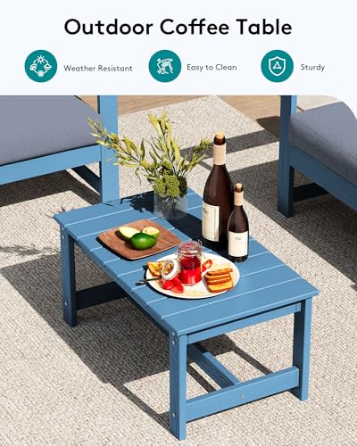 Image of SERWALL 8 Pieces HDPE Outdoor Conversation Sofa Set with Cushion, All Weather Couch Loveseat Furniture Set with Pads, Outdoor Social Sofa Coffee Table Set, Blue Frame with Grey Cushions