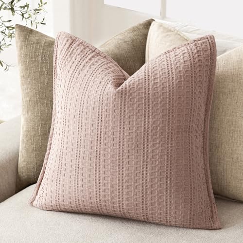 Image of Foindtower Set of 2 Decorative Cotton Waffle Weave Throw Pillow Covers Euro Shams Cushion Covers Accent European Pillowcase for Bed Couch Sofa Bedroom Living Room Home Decor 24x24 Inch Dusty Pink