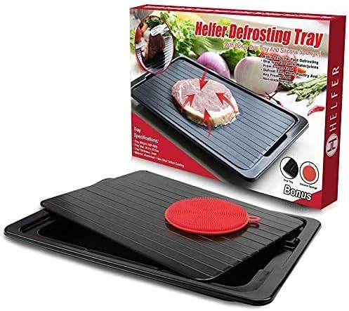 HelferX Defrosting Tray | Thawing Plate for fast defrosting of frozen foods | Premium Quality Defrost Tray | With bonus Drip tray and silicone sponge | Extra Thick (3mm) Non-stick