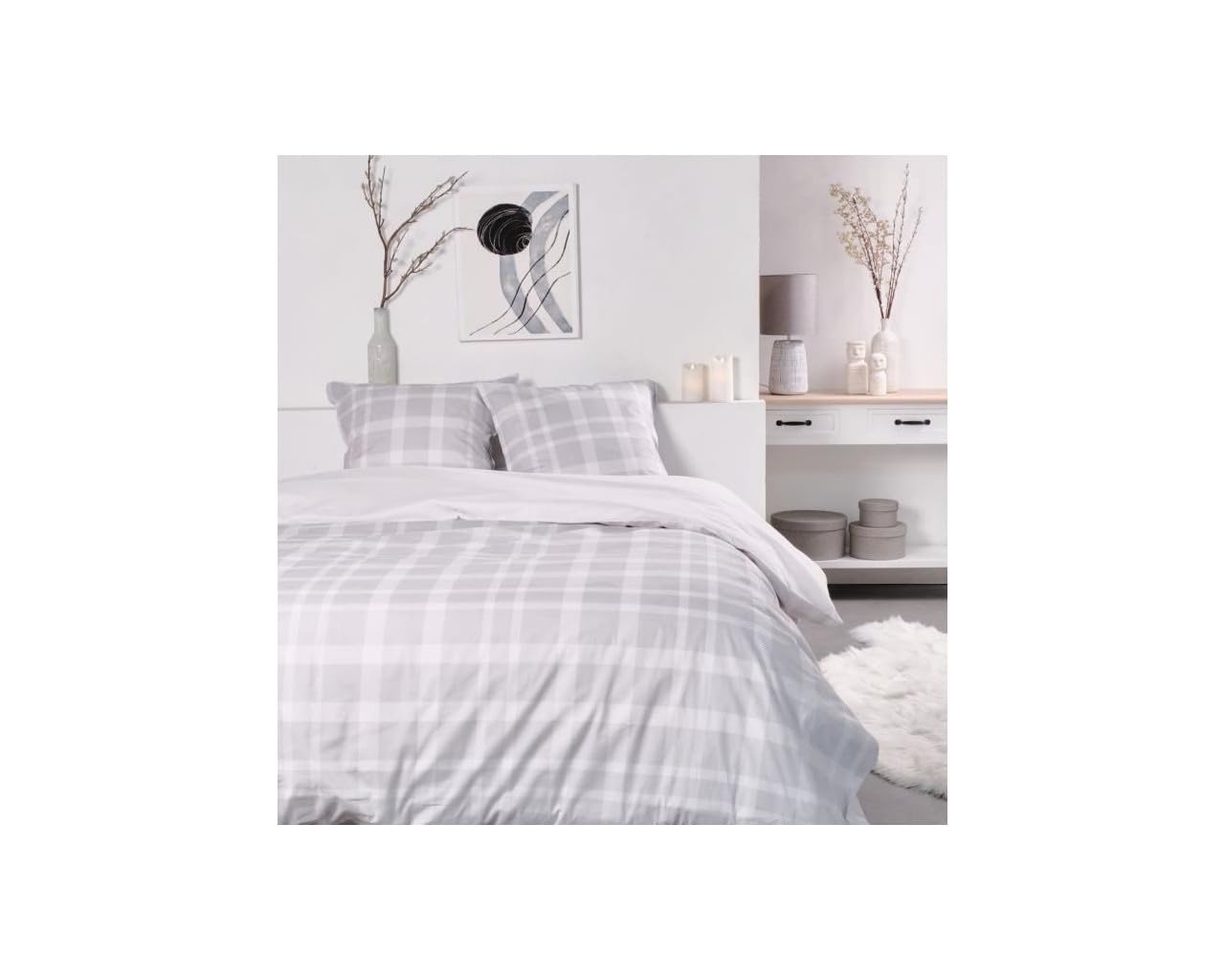 TODAY Sunshine Double Bed Cotton Duvet Cover with Large Check Design - Grey and White - 220 x 240 cm, Multi-coloured, Jumeau