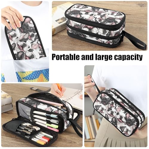 Image of Fustylead Smiling Funny Boston Terrier Dog Pencil Pen Case with 3 Compartments, Lightweight & Spacious Stationery Bag Cosmetics Bag