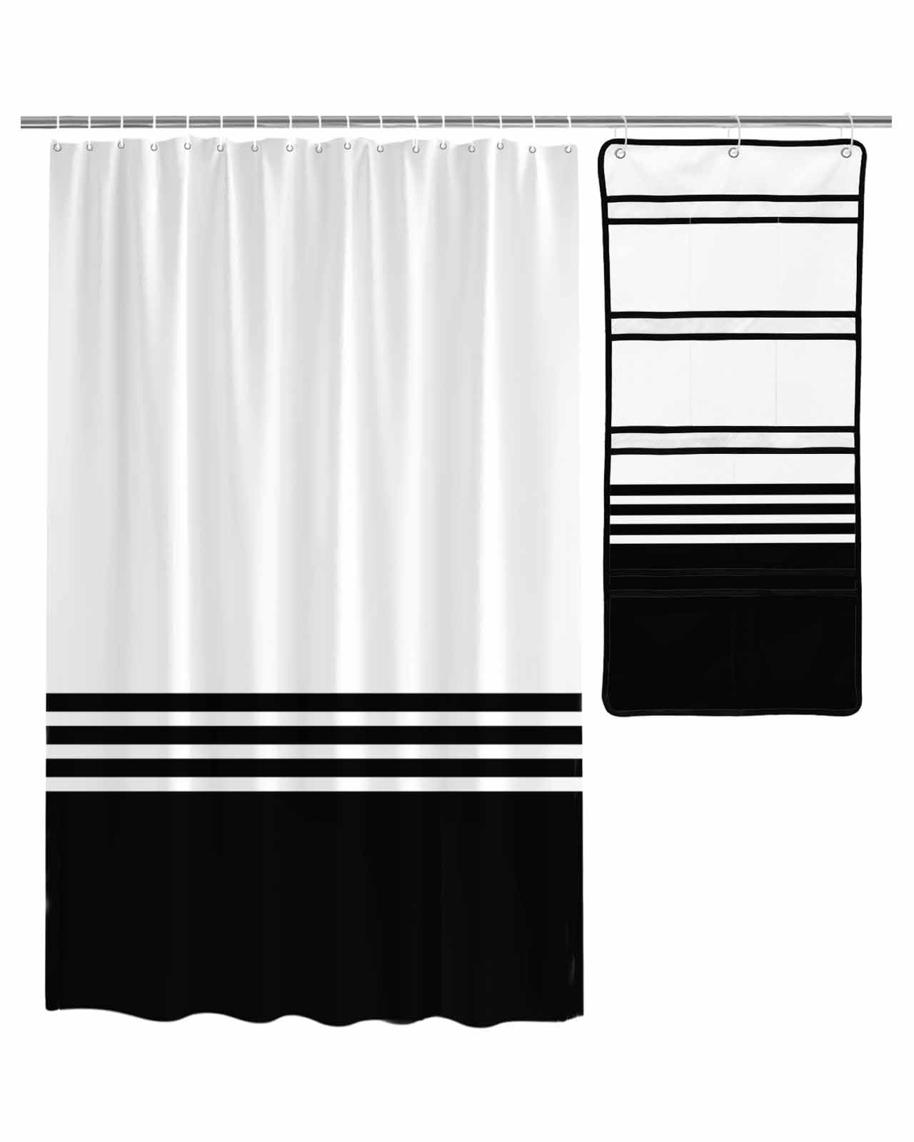 QueenKer Shower Curtain Sets with Mesh Hanging Shower Organizer Modern Art Black White Simple Striped Farmhouse Shower Curtain