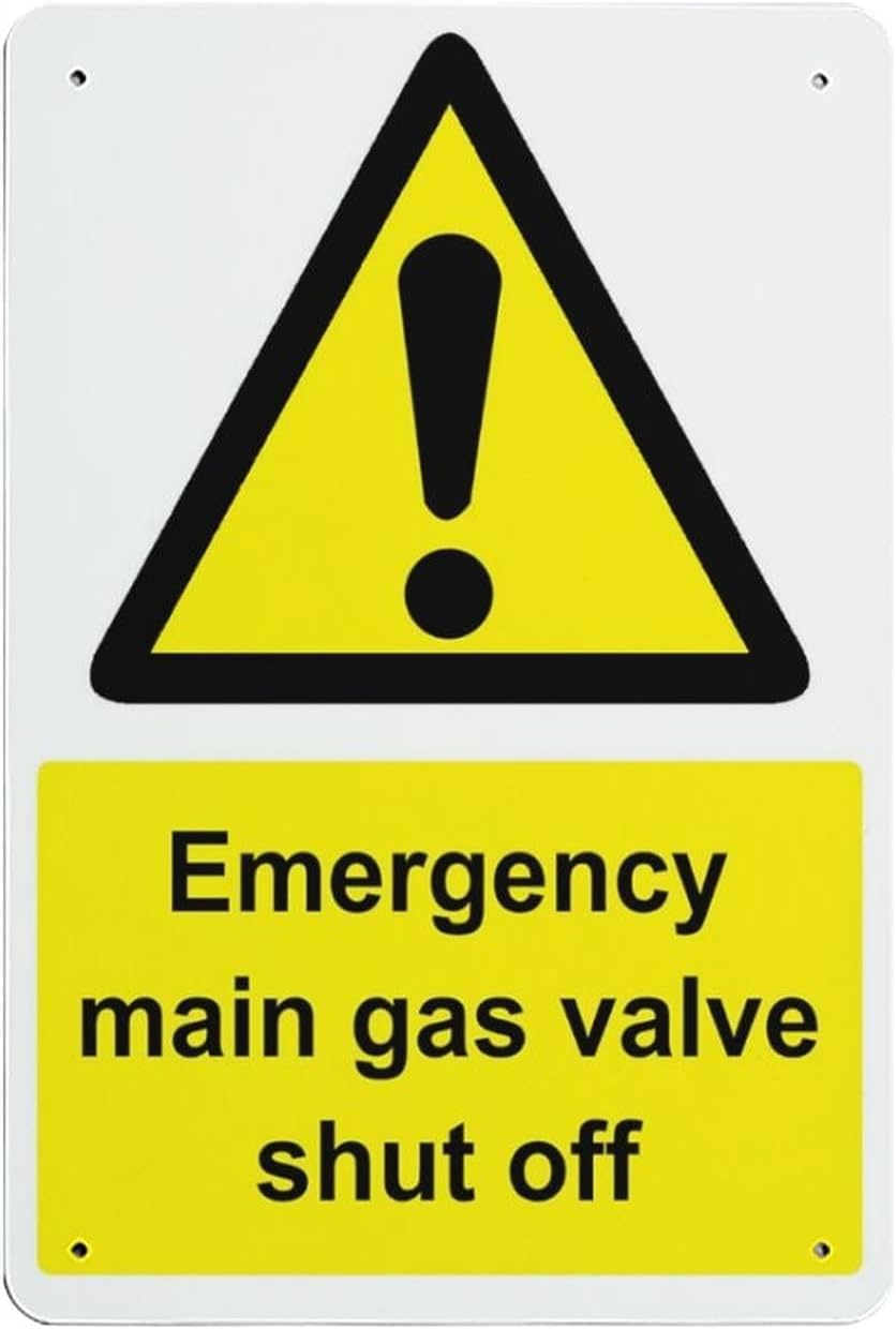 Emergency Main Gas Valve Shut Off Rust Free Aluminum Warning Sign - Property Notice Decor with Pre-Drilled Holes for Home Yard, Gas Station - 8x12 Inch​