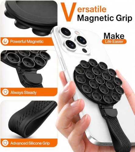 Image of mizi Magnetic Suction Phone Grip for Mag Safe, 360 Rotating Phone Grip Stand with Silicone Suction Cups, Magnetic Phone Holder - Built-in Mirror, Universal Hands-Free Grip for iPhone 18 /To /12, Black
