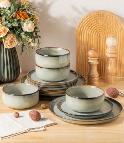 Image of TheTerra Ceramic Dinnerware Set for 4, 12-Piece Plates and Bowls Set