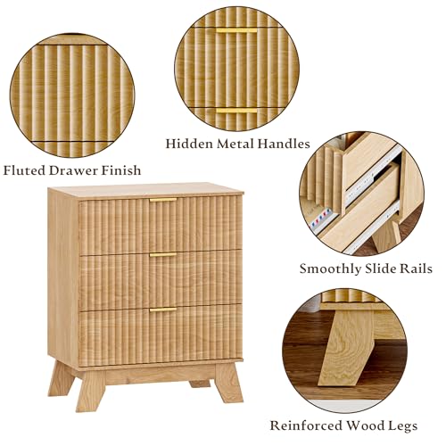 Image of HUANLEGO Fluted Nightstand with 3 Drawer for Bedroom, Oak | Mid Century Modern Beside Table with Metal Handle, Wooden End Table with 3 Drawers for Living Room, Closet, Entryway