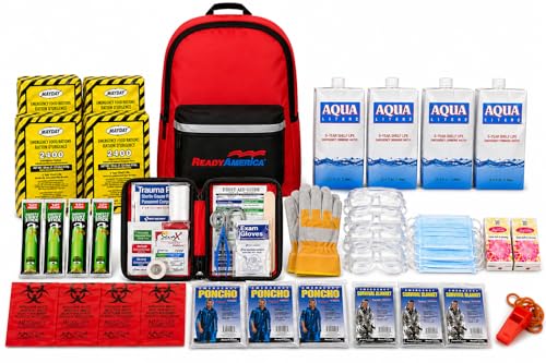 Ready America 70380 72 Hour Emergency Kit, 4-Person, 3-Day Backpack, Includes First Aid Kit, Survival Blanket, Emergency Food Portable Disaster Preparedness Go-Bag for Earthquake, Fire, Flood
