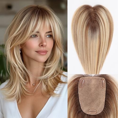 SHINEUP EMMOR Human Hair Topper for Women 12 Inch Real Hair Topper with 4x5.5 Inch Simulation Silk Base and 3 Non-Slip Clips Natural Looking Hairpiece for Thinning Hair(Brown with Blonde Highlight)