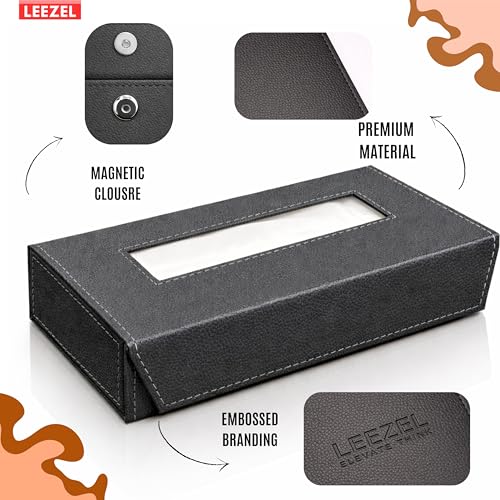 Image of LEEZEL| Tissue Box Holder with 100 Pulls Cotton Rags Tissue | Handcrafted Fine Leather - Like Finish | for Gifting, Office Desks, Cars & Home Decor | Durable & Water Resistant. (Dark Grey)