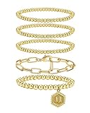shownee Gold Beaded Bracelet for Women - 14K Real Gold Plated Bead Bracelet Stretchable Elastic Chain Ball Bracelet Kit Jewelry Gifts with Letter Pendant U