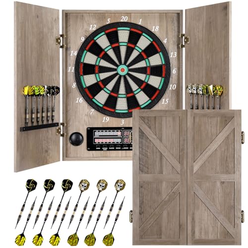 Yirinatek Dartscheibe Elektronisch, Dekoratives Elektronische Dartscheibe Schrank-Set [12 Bronze Soft-Tip Pfeile][Cricket-Spielmodus], Profi E Dart Scheibe mit Holzschranktüren - Retro Case