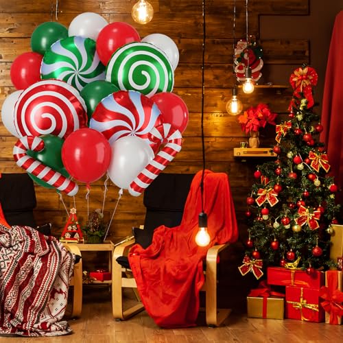 Christmas Balloons, 12 Inch Red Green White Latex Xmas Balloon with Large Candy Cane Windmill Foil Balloons - Image 3