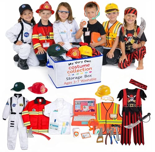 Born Toys 6-in-1 Toddler Dress Up Clothes for Boys & Girls Ages 3-7 Firefighter Astronaut Construction Scientist Pirate and Office Pretend Play Set Washable Costumes for Kids Gift Ready Set
