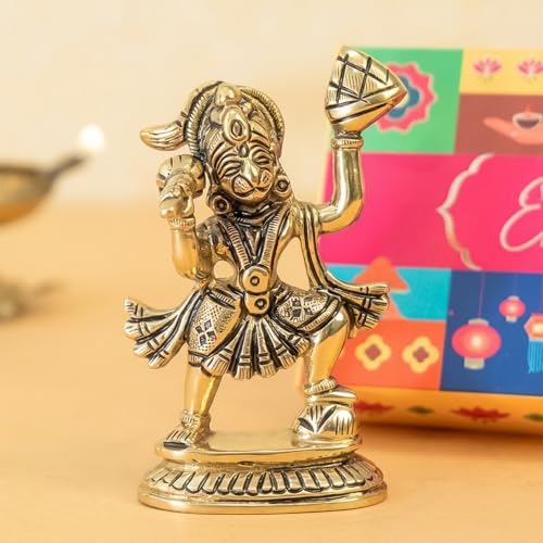 Image of Ekhasa 100% Pure Brass Hanuman Idol with Gift Box | Bajrangbali Balaji Murti for Home Pooja Decor | Religious Housewarming Grah Pravesh Diwali Wedding Gift