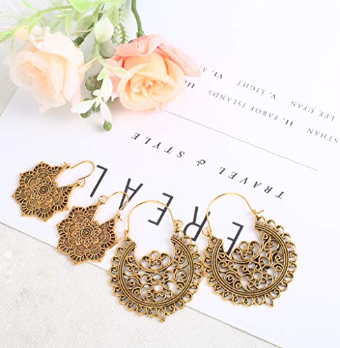 Florideco 6 Pairs Vintage Bohemian Drop Dangle Earrings Boho National Style Hollow Petal Heart Shaped Beaded Statement Earrings for Women Hypoallergenic Gold Jewelry 6