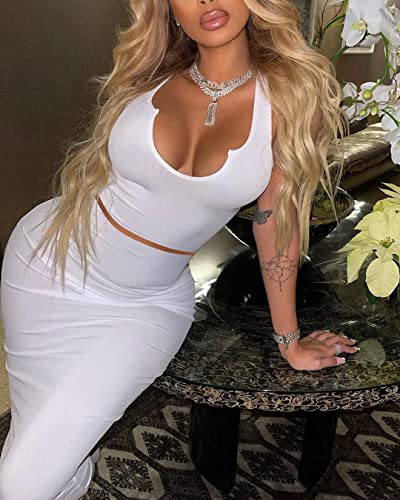 Image of Women Sexy Two Piece Skirt Outfits Long Sleeve /Sleeveless V Neck Bodycon Ribbed Knitted Maxi Club Party Dress