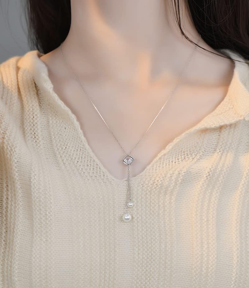 14K Gold Moissanite Encrusted Pendant with Elegant Pearl Tassel, Exquisite Long Chain Necklace, 50+5cm Adjustable Chain,Romantic Gift for Wife or Girlfriend, Special Occasion Jewelry - Image 3