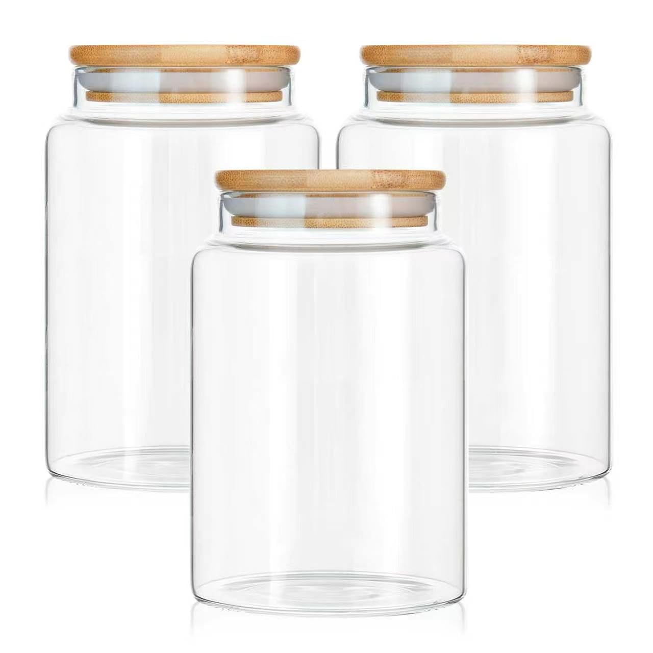 Set di 3 barattoli in vetro con coperchio, 900 ml, con coperchio ermetico in bambù, contenitori decorativi da cucina per cereali, pasta, farina, chicchi di caffè, overnight oats, medio