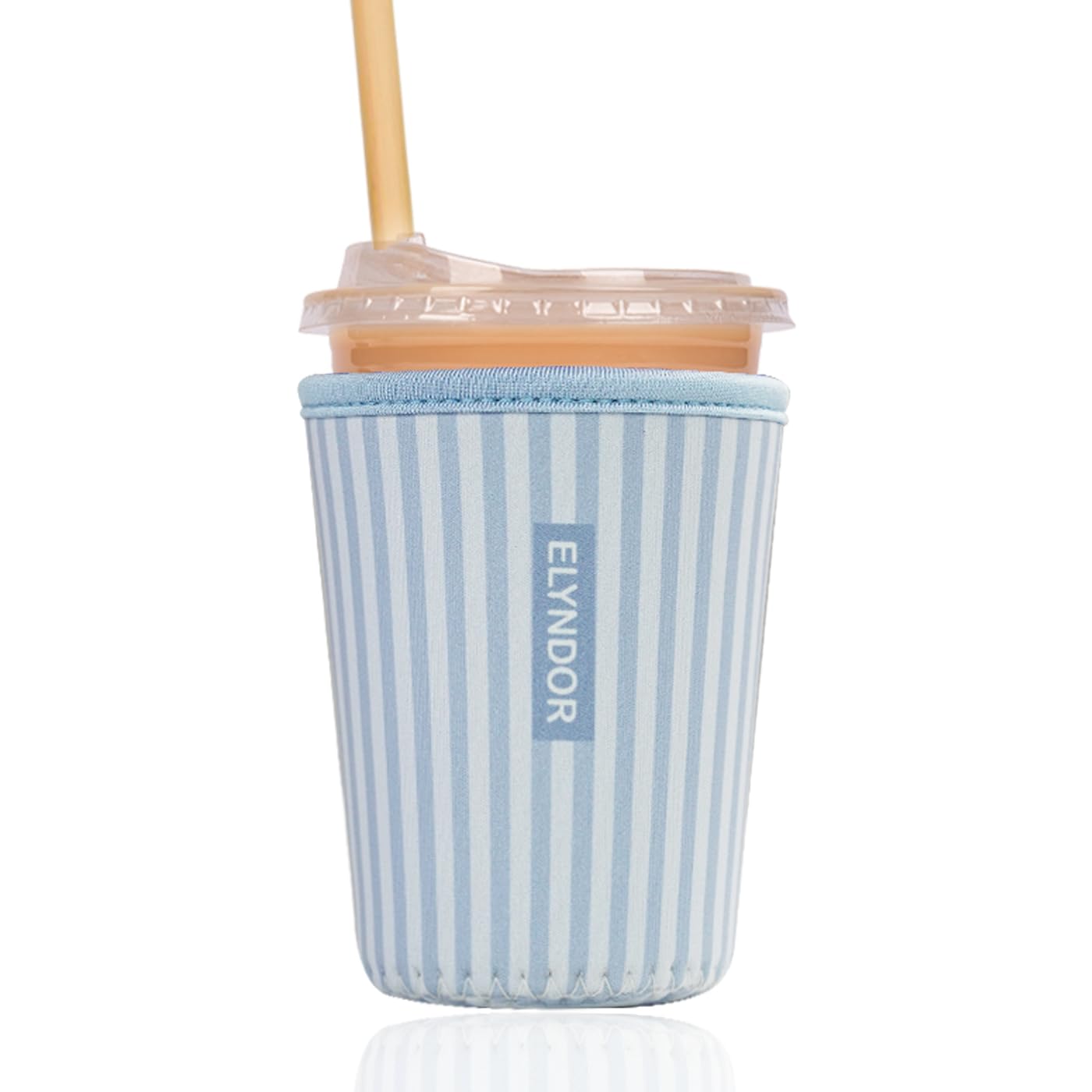 Reusable Insulated Sleeve for Iced Coffee Cup, Coffee Neoprene Sleeve for Cold &amp; Hot Drinks, Beverage Holder for Iced Coffee (Blue Stripes, Small: 16-18oz)