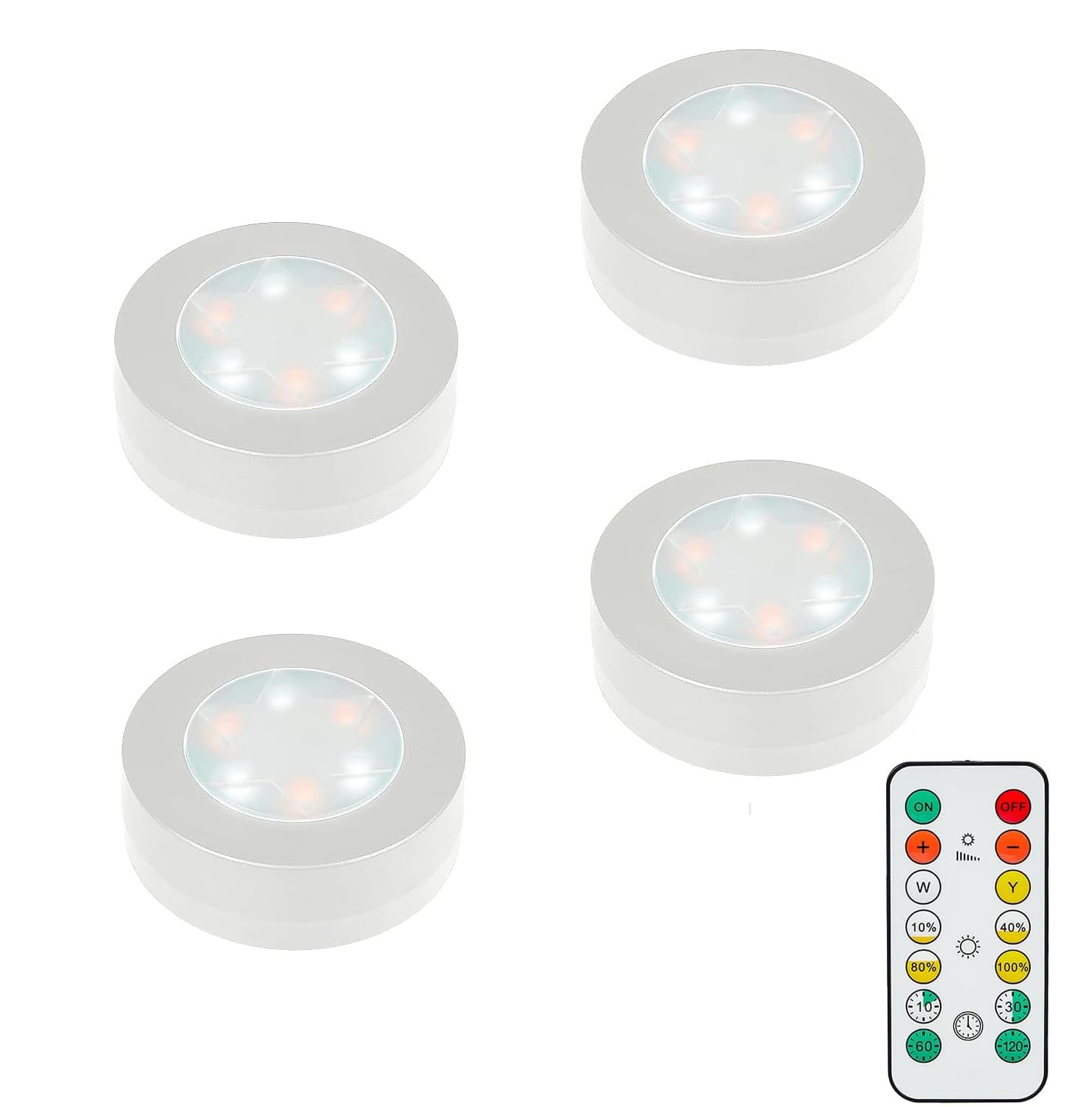 MOUJUCHI Under Cabinet Lights,4 Pack LED Closet Lighting Battery Powered with Remote Control LED Puck Lights Adjustable Brightness for Wall Closet Cabinet Stairs Drawer Battery Operated（White — image 1