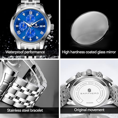 Image of Sapphero Watches for Men Waterproof Luminous Watches with Date Dial Chronograph Analog Quartz Movement Steel Stainless Business Wrist Watches Mens Gifts