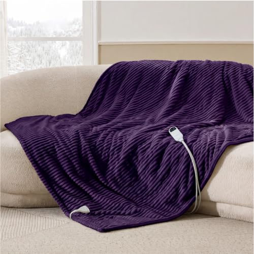 Image of Bedsure Ribbed Heated Blanket Throw, Purple Electric Blanket, Preheat