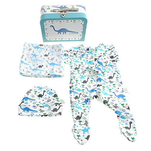 Cadeau bébé valise dinosaure avec combinaison, bonnet et lange en mousseline 0-3 mois