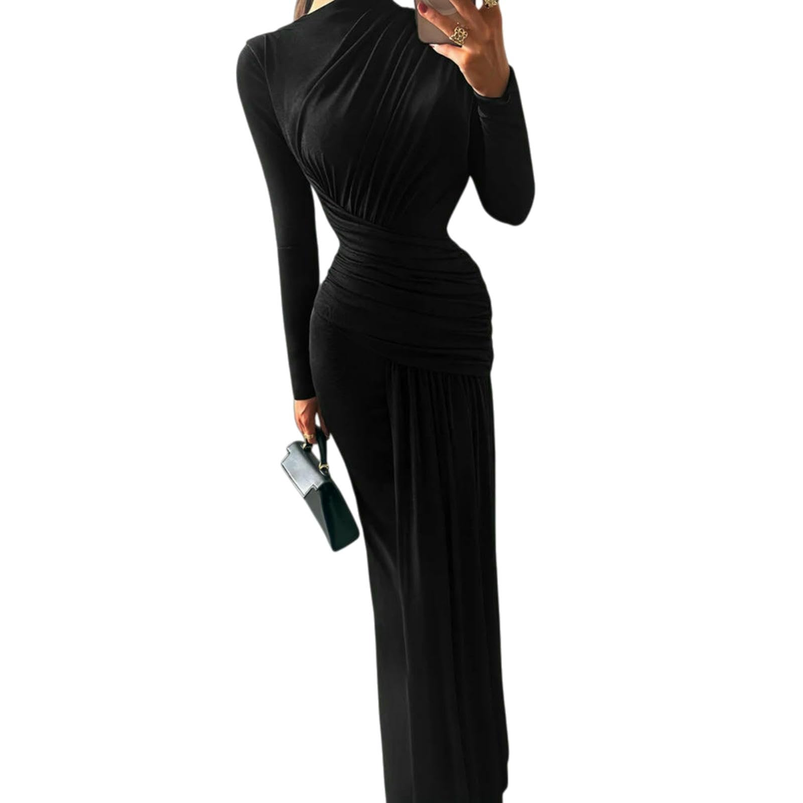 Vestito Donne Alto Collo Ruched Maxi Abito, Manica Lunga Bodycon Abito da Sera con Drappato Dettaglio, Elegante Formale Rosa per Il Wedding Ospite Cocktail Party-Burgundy-s