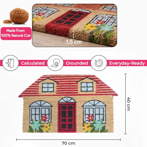 Image of HOKIPO 40x70 cm Natural Coir Door Mat for Entrance, House Shape Design, Story Book Home (IN-1052)