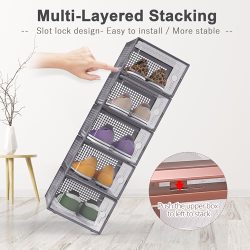 Image of Kuject 12 Pack Large Shoe Boxes, Clear Stackable Containers with Lids,Grey | Shoe organizers for closet & entryway, under-bed,Drop-front design fits women's size 10