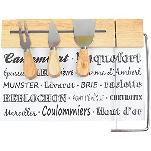 Totally Addict KA1635 Plateau à fromage Lyre intégrée et ses 3 ustensiles couteaux fourchette hachette Avec support aimanté Bois inox et verre Beige gris et noir H2 x 24 x 31 cm