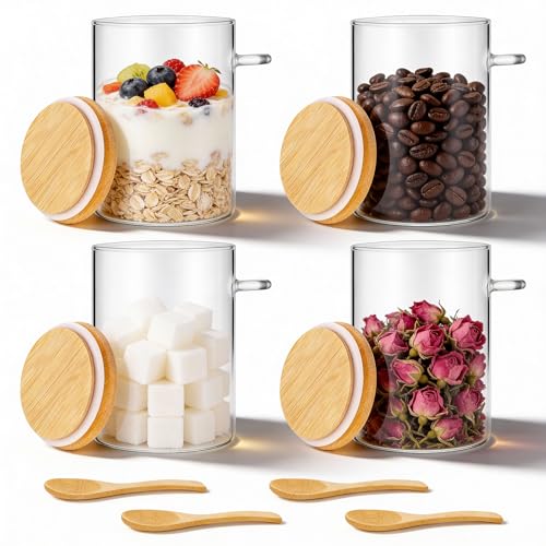Hejo 4 Pièces Bocal en Verre avec Couvercle Hermétique et Cuillère, 500ML Pot en Verre, Overnight Oats Jar, Bocaux de Conservation pour Épices Thé Noix Graines...