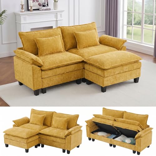 Image of IPKIG 82.3 inch Modular Cloud Couch with Storage, L Shaped Sectional Sofa with Ottoman & Pillow, Chenille Deep Seat Sectional Couches for Living Room, Apartment, Yellow