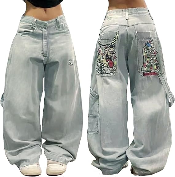Baggy Y2k Jeans Men Women Hip Hop Vintage Wide Leg Jeans with Skeleton Print Goth High Waist Denim Pants Street Wear