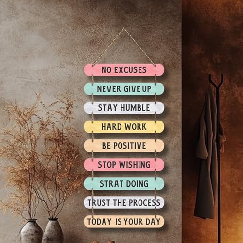 Image of Dakshestry Artworks Motivational Wall Hanging Decor - 9 Piece Wooden Inspirational Quotes Sign - Positive Affirmations Hanging Board for Office, Bedroom, Living Room, Gym