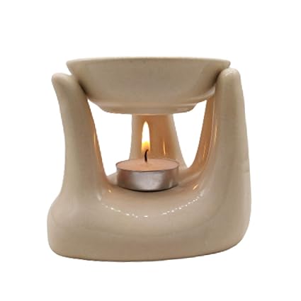India Meets India Ceramic Hand Shaped Essential Oil Burner Diffuser Tea Light Holder Decorative Diya (White)