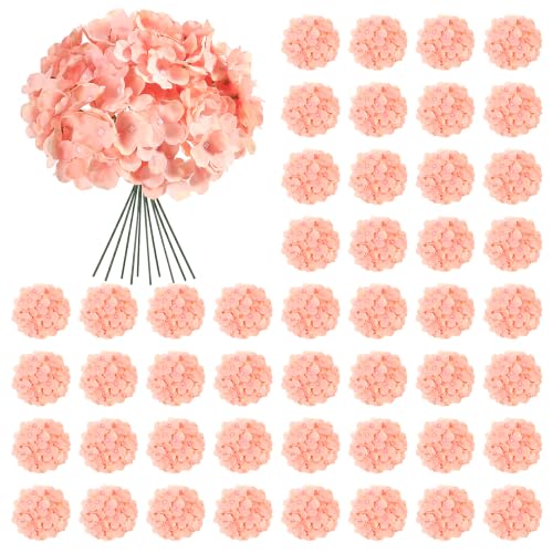 Auihiay 64 PCS Full Hydrangea Flowers Silk Hydrangea Artificial Flowers Heads with Stems Artificial Flowers for Wedding Garden Baby Shower Party Outdoor Indoor Decoration (Light Peach)
