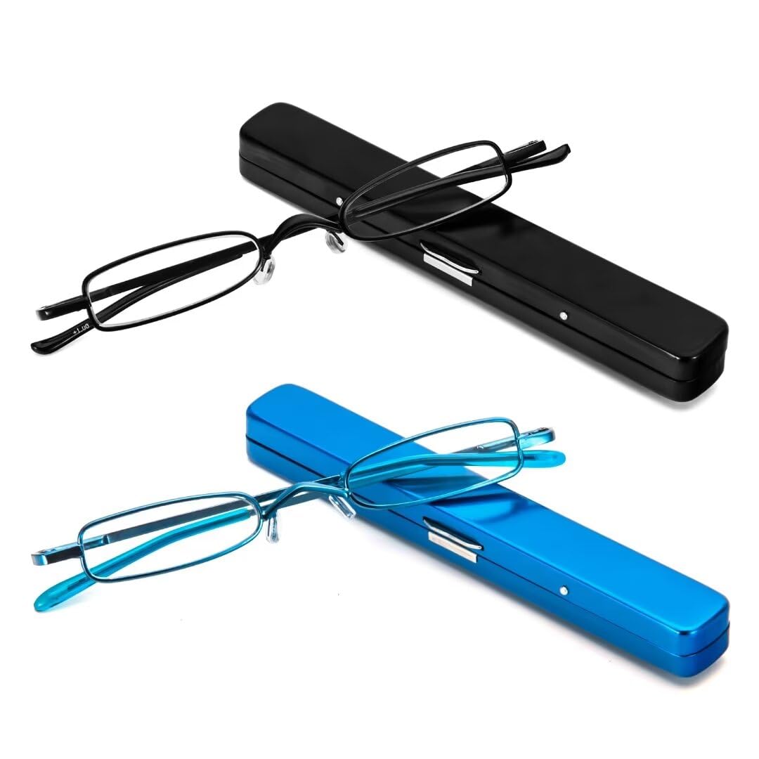 Small Reading Glasses Men Women 2 Pairs Slim Pocket Readers with Pen Clip Metal Case Spring Hinge (Black+Blue,2.5)