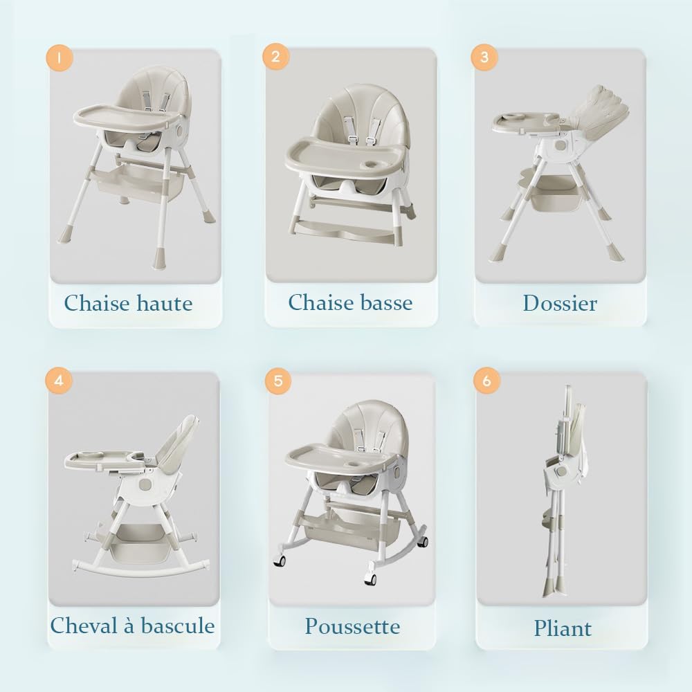 Supfine Seggiolone 3 in 1, regolabile con cintura di sicurezza a 5 punti, tavola da pranzo rimovibile, altezza regolabile 87 cm, pieghevole, per neonati e bambini (beige, 5 in 1)