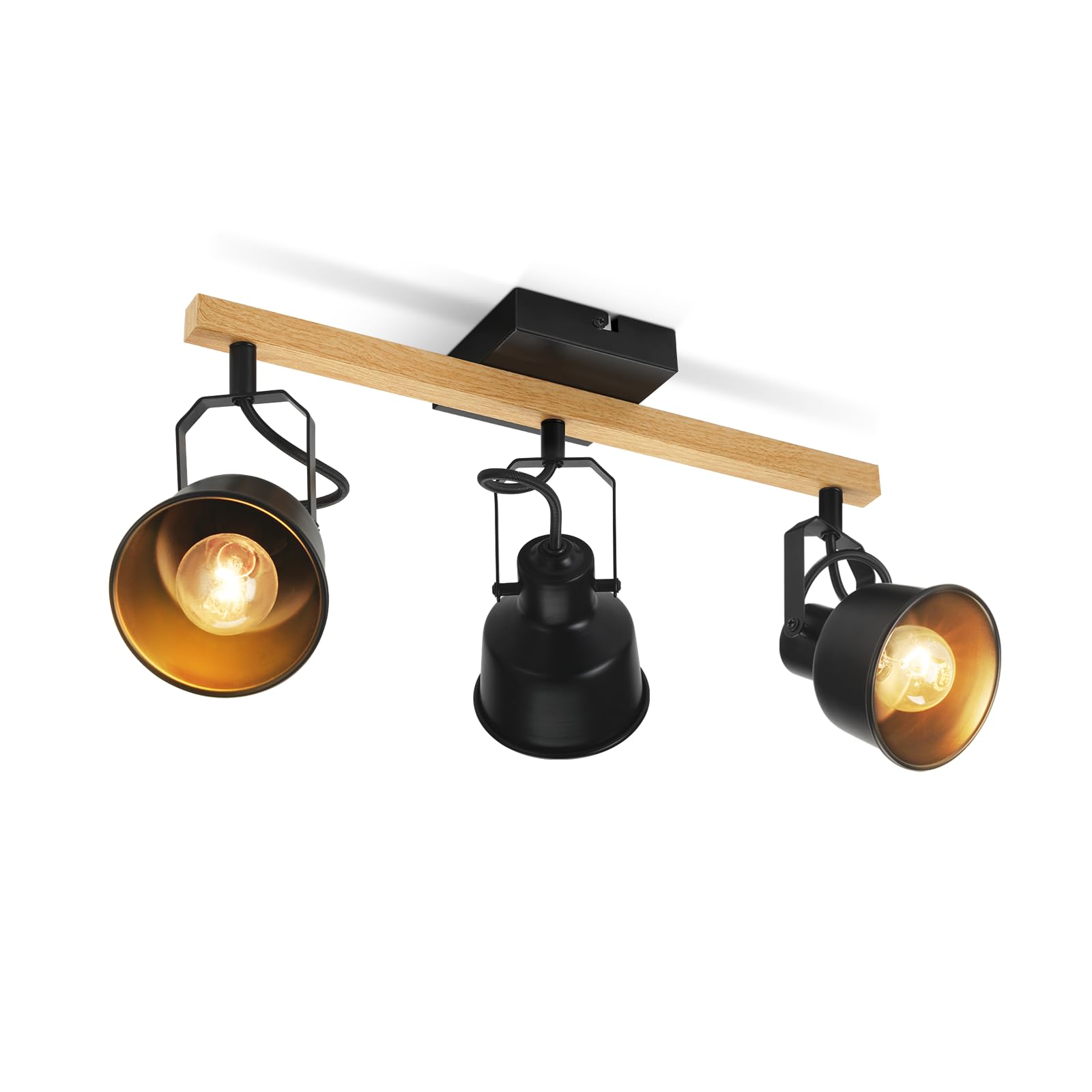 Plafonnier Spot 3 Flammes Noir Vintage Pivotant 350° MAX.25W Douille E14 Bois Industriel Salon Chambre Bureau