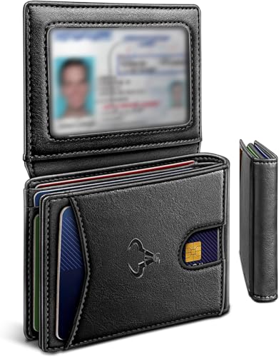 Image of Contacts Slim RFID Blocking Leather Wallet for Men - Minimalist Bifold Card Holder with 11 Slots, ID Window & Cash Pocket - Front Pocket Wallet Gift for Daily Use & Travel (Black)