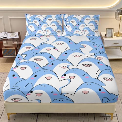 AILONEN Soft Cartoon Shark Lightweight Microfiber 3-Piece Sheet Set Twin XL Size,Blue Shark Bed Sheets Set,Lovely Sea Animal Deep Pockets with 2 Pillowcase for Cat Lover Bedroom Decor,Soft Microfiber