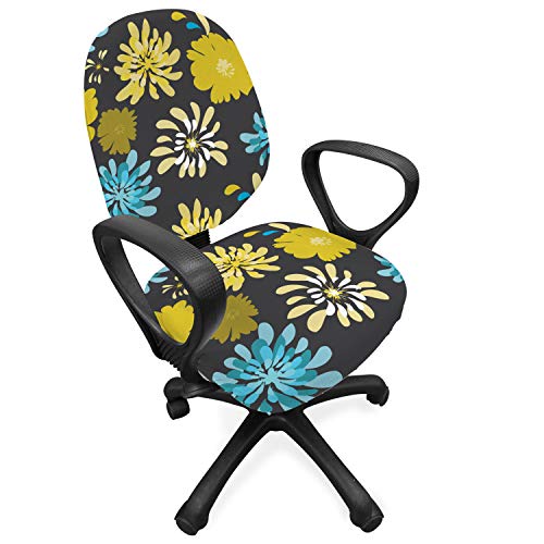 Ambesonne Floral Office Chair Slipcover, Jasmine Daisy Peony Spider Mum Spray Different Flower Types Bouquet, Protective Stretch Decorative Fabric Cover, Charcoal Grey Yellow