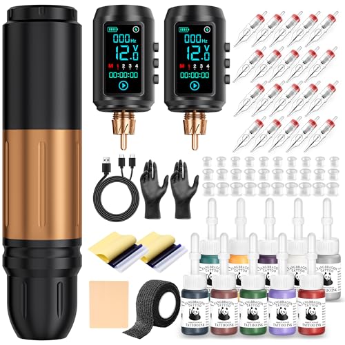 EMRICE Tattoo Gun Kit Wireless Tattoo Machine Pen Kit with 2Pcs 1600mAh Replaceable battery and 20 pcs Tattoo Cartridge Needles, 10 Ink Colors for Complete Tattoo Machine kit Supplies for Beginners