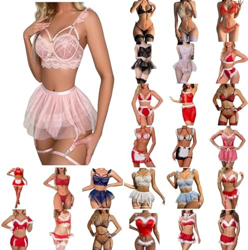 4Pcs Womens Christmas Lingerie Set Sexy Fur Trim Underwire Chemise Naughty Cosplay Babydoll Outfits with Xmas Hat Skirt Thong
