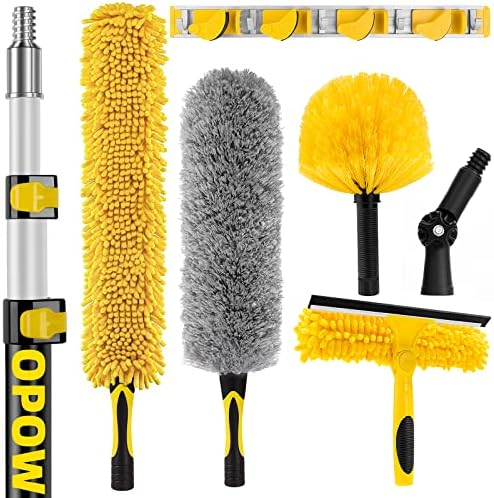 20 Foot High Reach Duster for Cleaning Kit with 5-12ft Heavy Duty Extension Pole, Sturdy Extendable Microfiber Feather Duster, High Ceiling Fan Duster, Cobweb Dusters, Window Squeegee Cleaner Kits