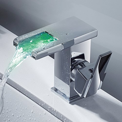Robinet de lavabo pour salle de bain avec lumière LED cascade, mitigeur de salle de bain en laiton et verre, robinetterie eau froide et eau chaude (argent)