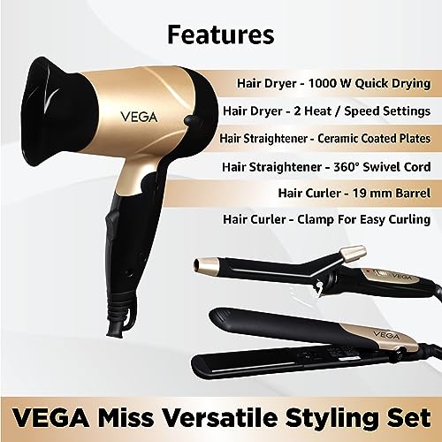 VEGA Miss Versatile Styling Set Straightener, Curler & Dryer Gift Combo (VHSS-03)Black - Image 4